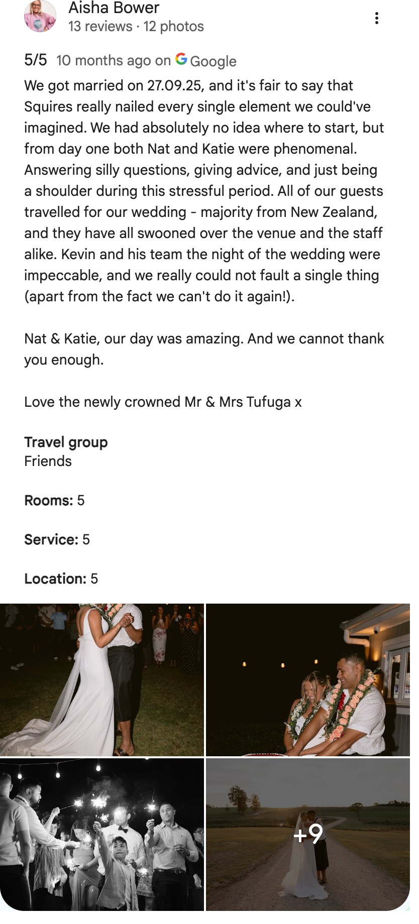 Five-star Google review from Aisha Bower