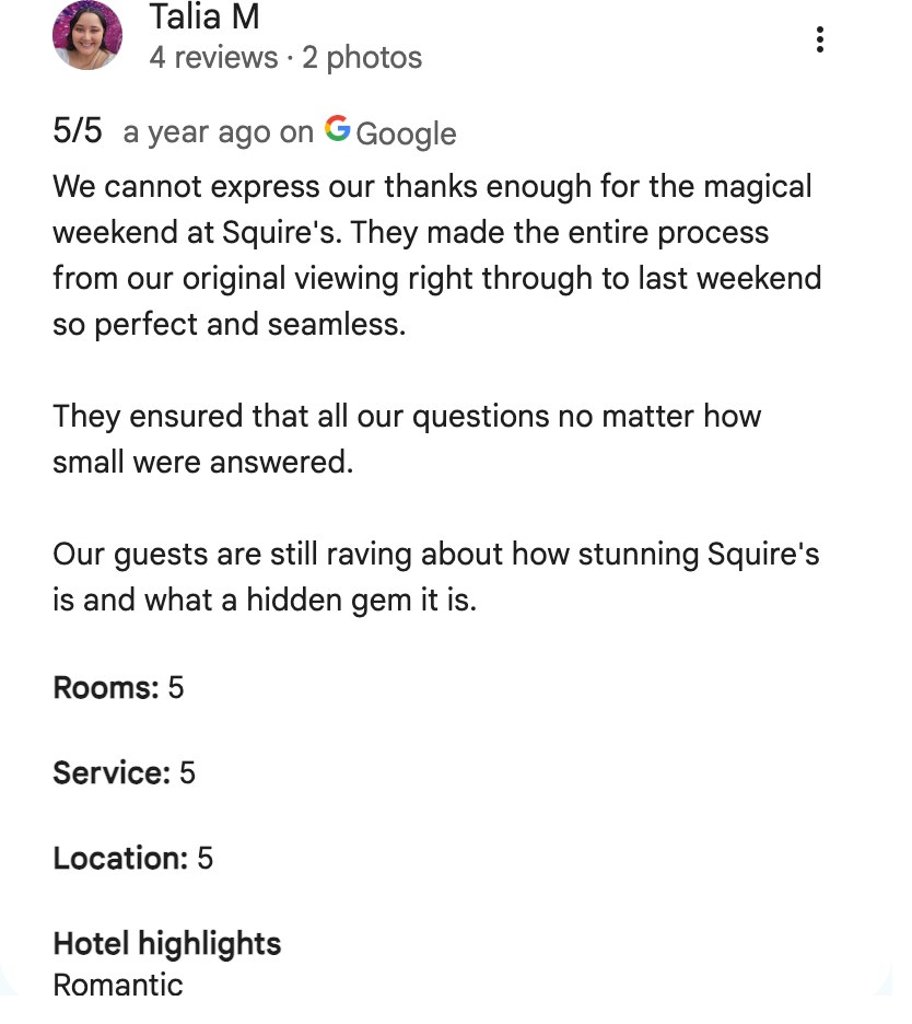 Five-star Google review from Talia M