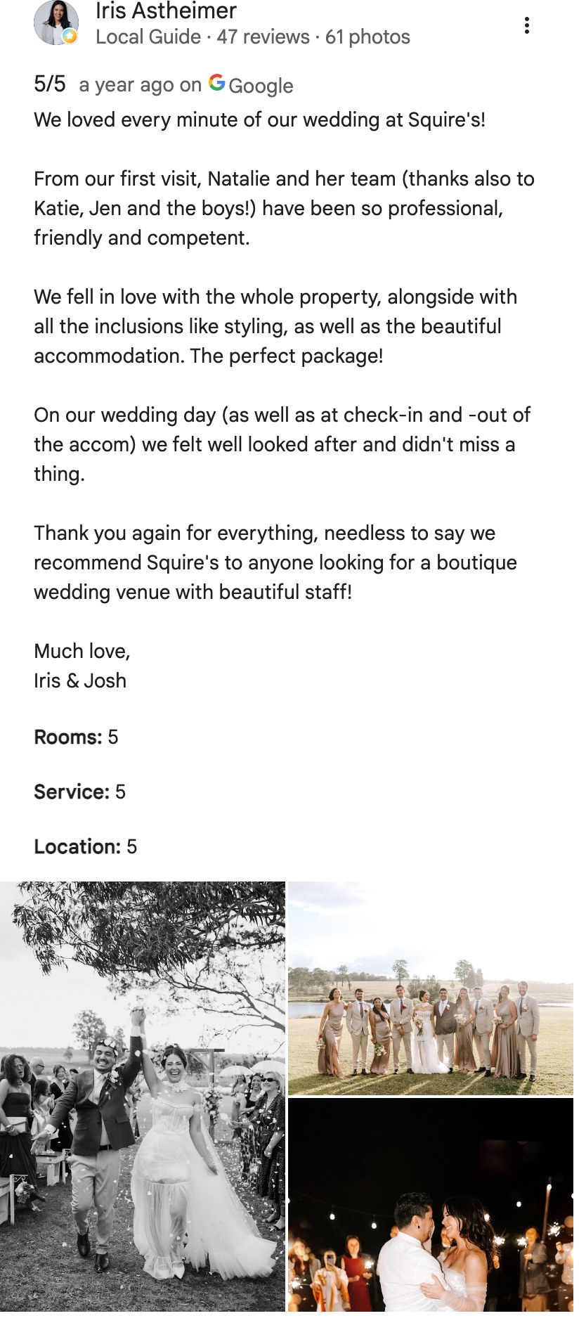 Five-star Google review from Iris Astheimer