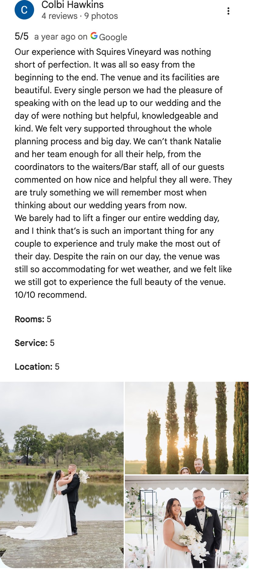 Five-star Google review from Colbi Hawkins